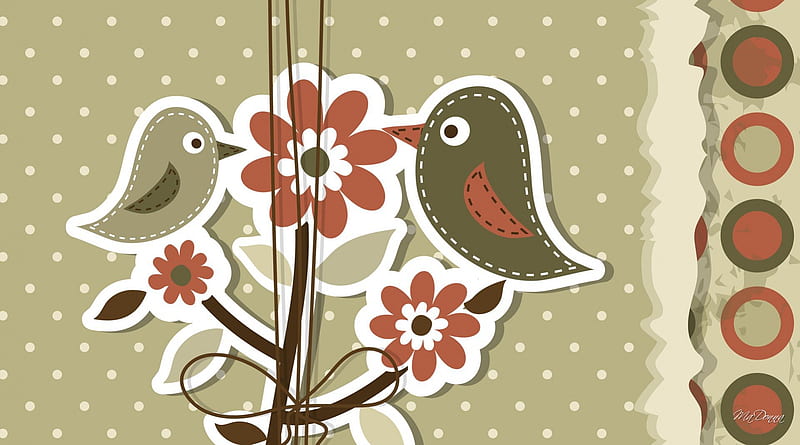 Cute Country Birds, circles, birds, quilt, country, tan, polka dot, cute, olive, craft, string, flowers, HD wallpaper