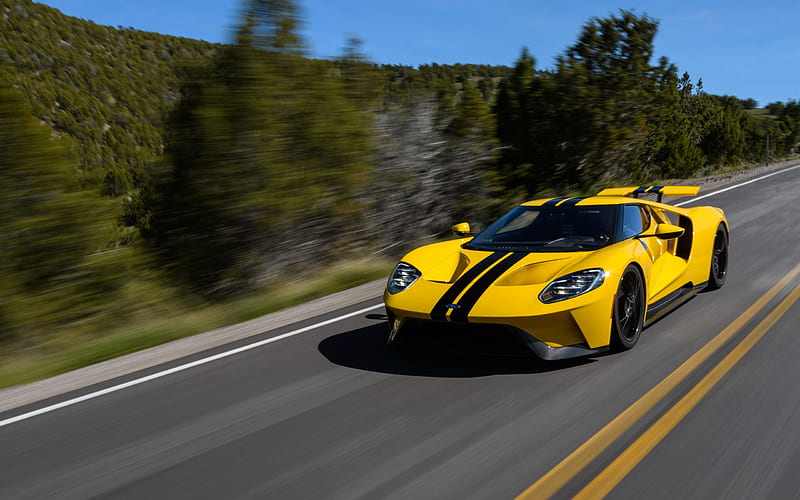 Ford GT, Sports car, road, speed, yellow Ford, American cars, Ford, HD wallpaper