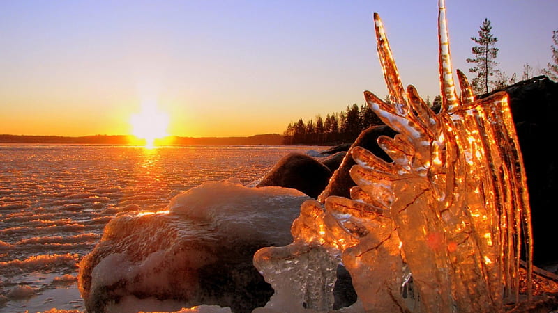 natural ice sculpture by a frozen lake, ice, sunrise, frozen, lake, sculpture, HD wallpaper