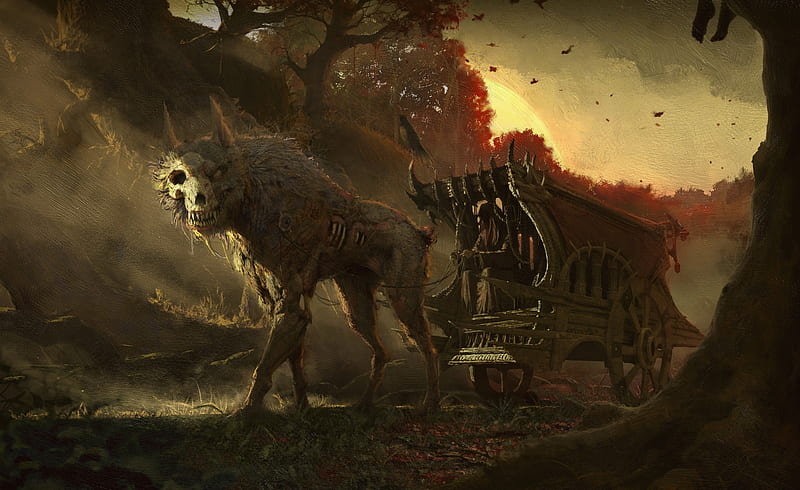 :D, halloween, wolf, suttipong kuntimoon, bones, zombie, carriage, creature, dog, fantasy, HD wallpaper