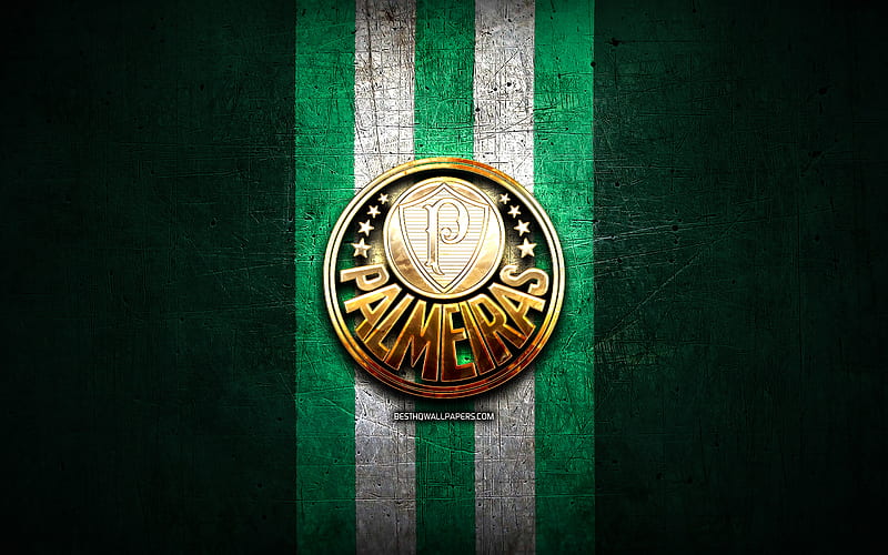 Palmeiras FC, golden logo, Serie A, green metal background, football, SE Palmeiras, brazilian football club, Palmeiras logo, soccer, Brazil, HD wallpaper