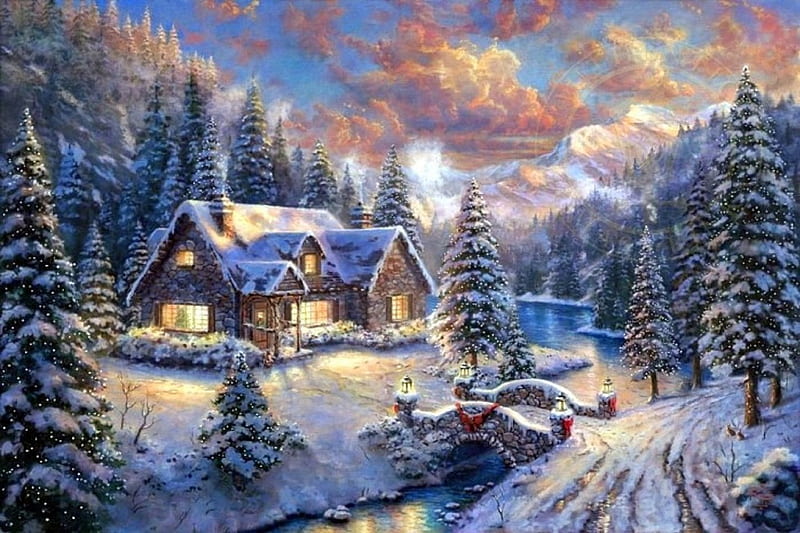 ★Country of Christmas★, architecture, pretty, Christmas, cottages, holidays, bonito, xmas and new year, paintings, lovely, houses, bridges, white trees, colors, love four seasons, creative pre-made, creek, winter, snow, winter holidays, HD wallpaper