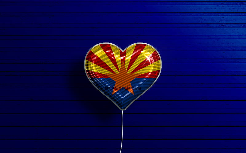 I Love Arizona realistic balloons, blue wooden background, United States of America, Arizona flag heart, flag of Arizona, balloon with flag, American states, Love Arizona, USA, HD wallpaper