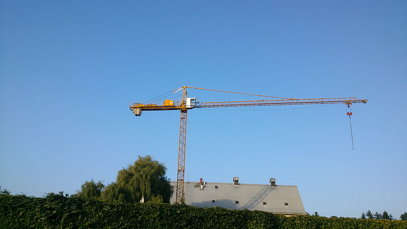 Construction Crane 1, Snapshot, Workzone, Yellow, Morning, Summer, Builder, Outside, Blue Sky, Construction Machine, Crane, summer time, graphy, Blue, Day, Daytime, Sky, Construction Area, Construction Crane, graph, HD wallpaper