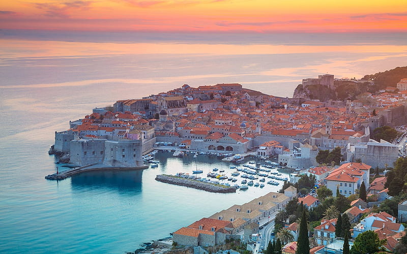 Dubrovnik, sunset, resort, sea, Croatia, Adriatic Sea, HD wallpaper