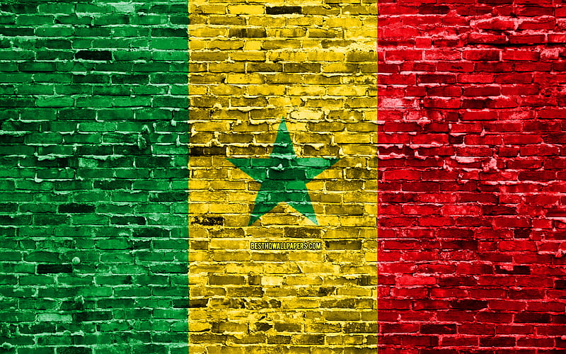 Senegalese flag, bricks texture, Africa, national symbols, Flag of Senegal, brickwall, Senegal 3D flag, African countries, Senegal, HD wallpaper