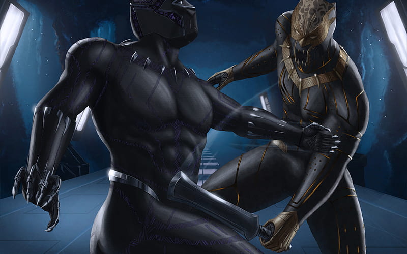 Black Panther vs Erik Killmonger, superheroes, battle, Black Panther, Erik Killmonger, HD wallpaper