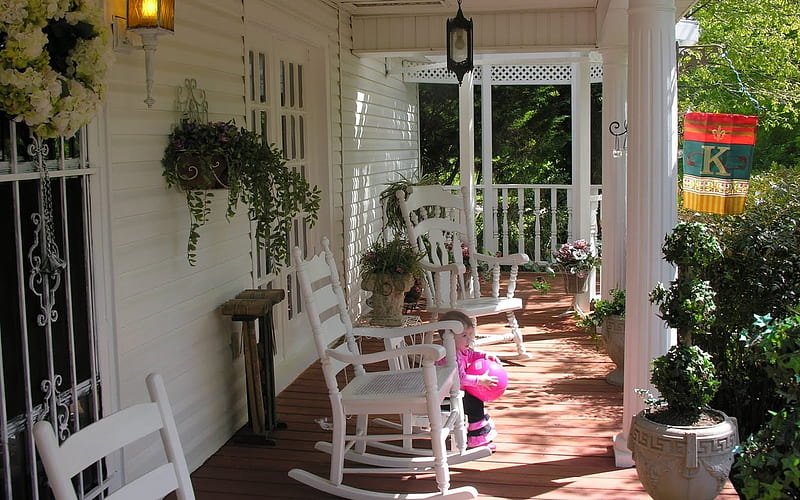 White Veranda, furniture, veranda, house, garden, white, HD wallpaper