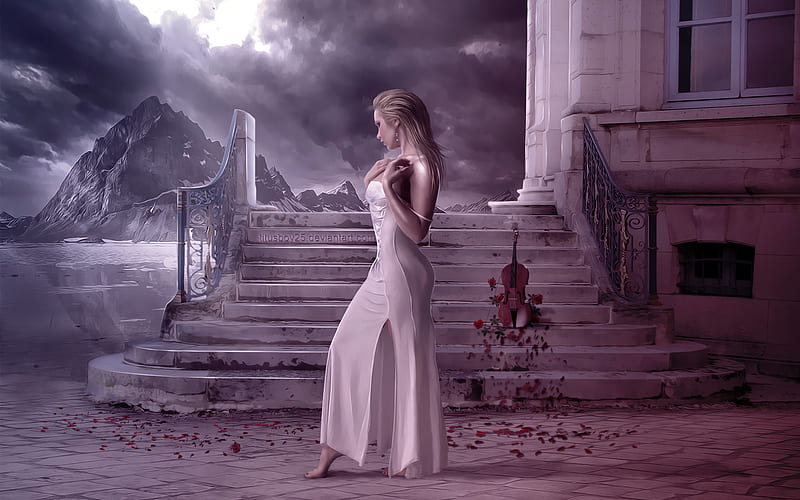 Out of love, dress, house, rose, stairs, fine art, woman, sea, mountain, fantasy, love, flowers, beauty, dream, light, art, violin, sexy, abstract, song, girl, feet, dance, white, HD wallpaper