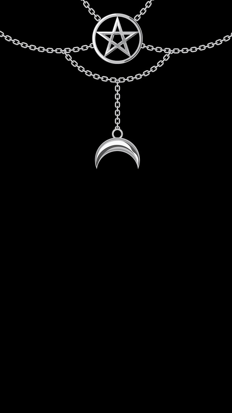 Wiccan Chain Silver, Kiss, background, black, circle, decoration, feminine, fivepointed, gothic, jewelry, magic, magyck, magyk, metal, moon, necklace, pagan, paranormal, pendant, pentagram, religion, satanic, spirituality, star, symbol, wicca, witchcraft, HD phone wallpaper