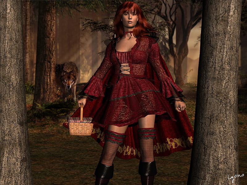 Little Red Riding Hood, hood, fantasy, red riding, little, wolf, CG, HD wallpaper