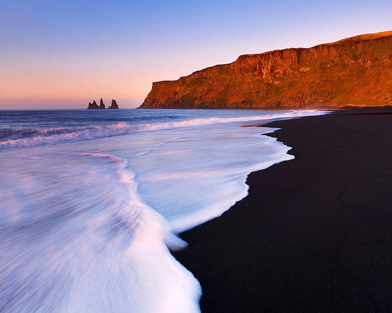 Lava Beach Ireland, rock, ocean, black, sky, beach, sand, water, nature, cliff, blue, HD wallpaper