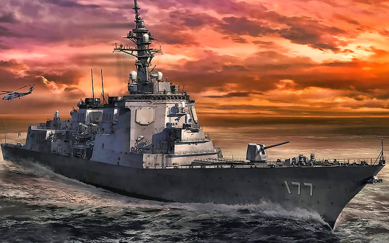 JS Atago, DDG-177, destroyers, artwork, Atago-class destroyers, Japanese Navy, warships, Atago, HD wallpaper