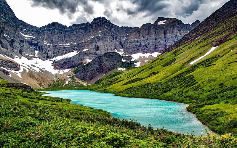 rocks, mountains, mountain lake, glacier, forest, USA, Montana, Glacier National Park, HD wallpaper