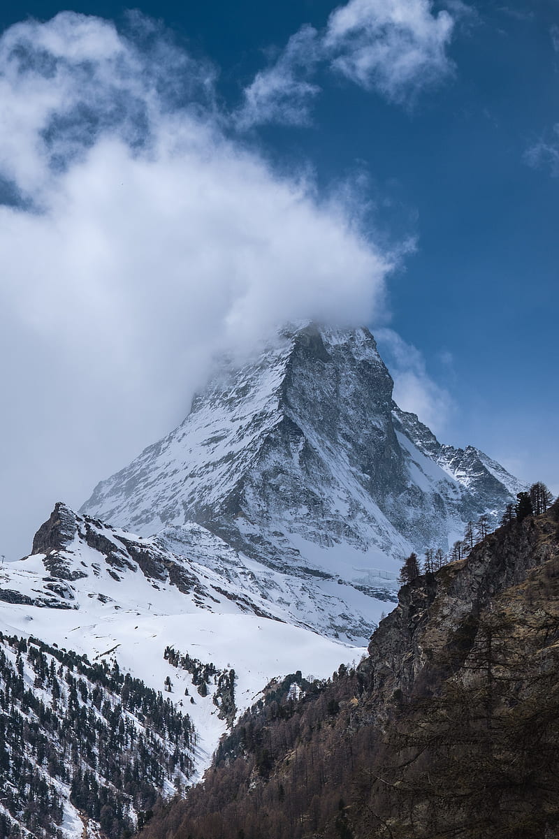 Rock, mountain, snow, snowy, clouds, HD phone wallpaper | Peakpx