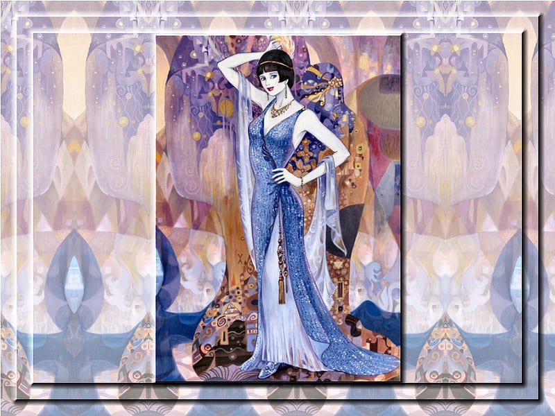 Art Deco Lady F2, art, deco, fanciful, painting, beauty, lady, woman, blue, HD wallpaper