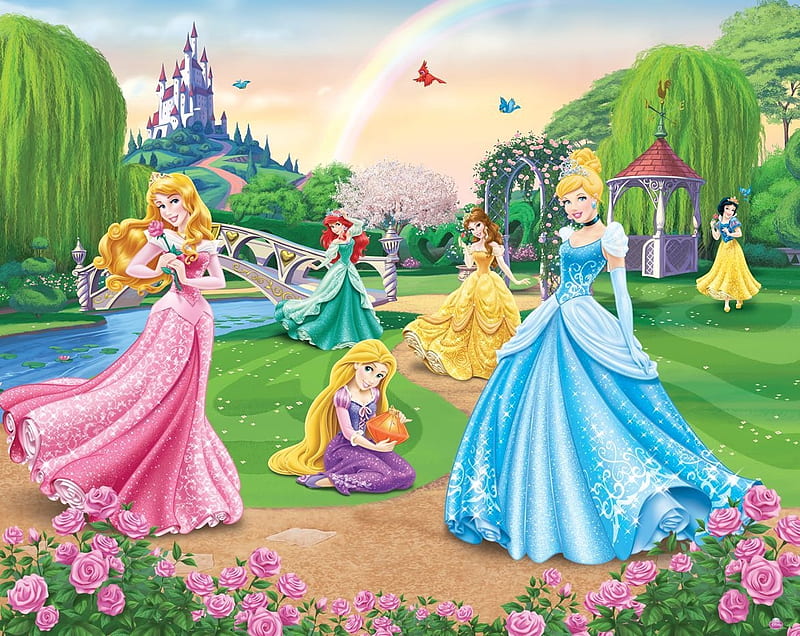 Disney princesses, summer, pink, blue, rapuzel, dress, aurora, belle, cinderella, fantasy, vara, ariel, green, HD wallpaper