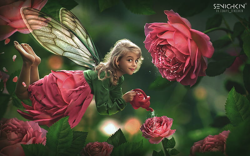 Fairy, frumusete, wings, luminos, rose, trandafir, vara, fantasy, green, girl, summer, flower, dmitry senichkin, copil, child, pink, HD wallpaper