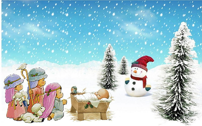 Christmas card, tree, christmas, snow, baby Jesus, lamb, snowman, god, winter, HD wallpaper