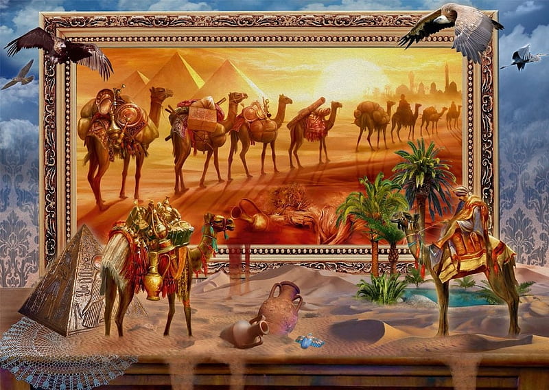 Coming to life ~ The desert, jan patrik, the desert, fantasy, frame, coming to life, pyramide, camel, animal, palm tree, HD wallpaper