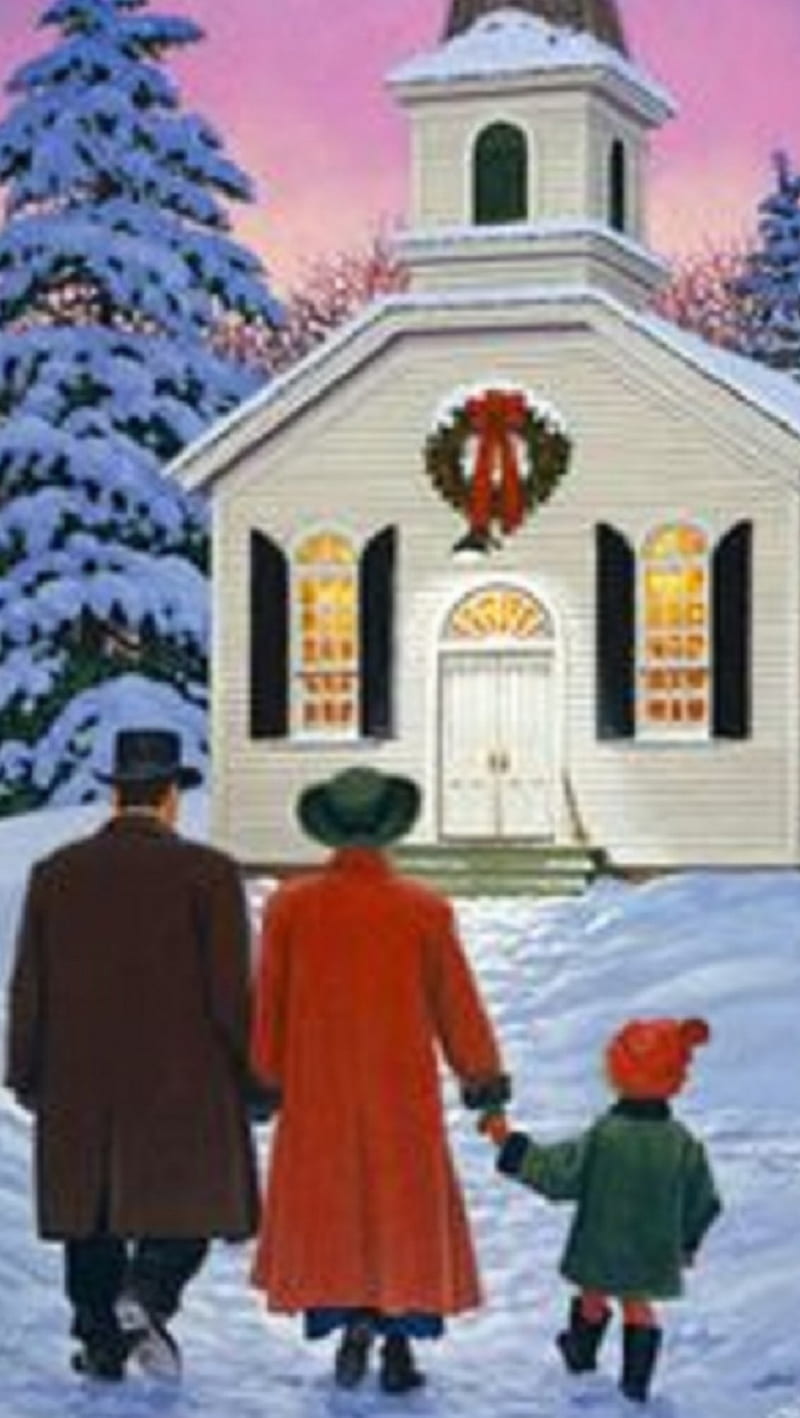 christmas winter, small church, HD phone wallpaper