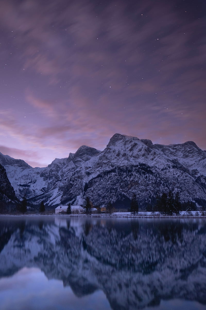 mountains, lake, dusk, reflection, landscape, HD phone wallpaper