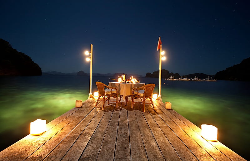 Moonlight dinner, dinner, table, moon, romantic, pier, moonlight, HD wallpaper
