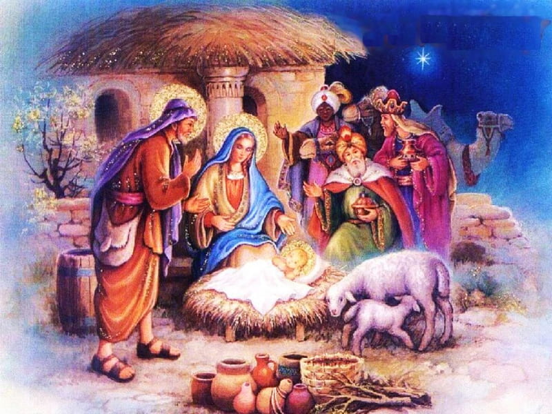 Miracle of Bethlehem, sheep, joseph, christmas, people, child, mary, artwork, HD wallpaper