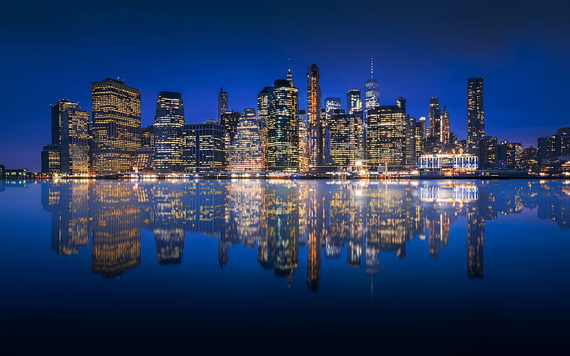 New York, Manhattan, skyscrapers, cityscape, evening, sunset, New York panorama, New York skyline, USA, HD wallpaper