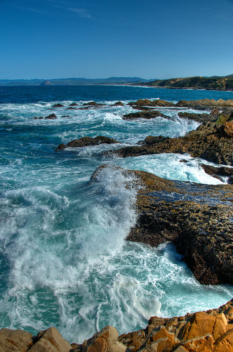 sea, waves, spray, rocks, shore, HD phone wallpaper