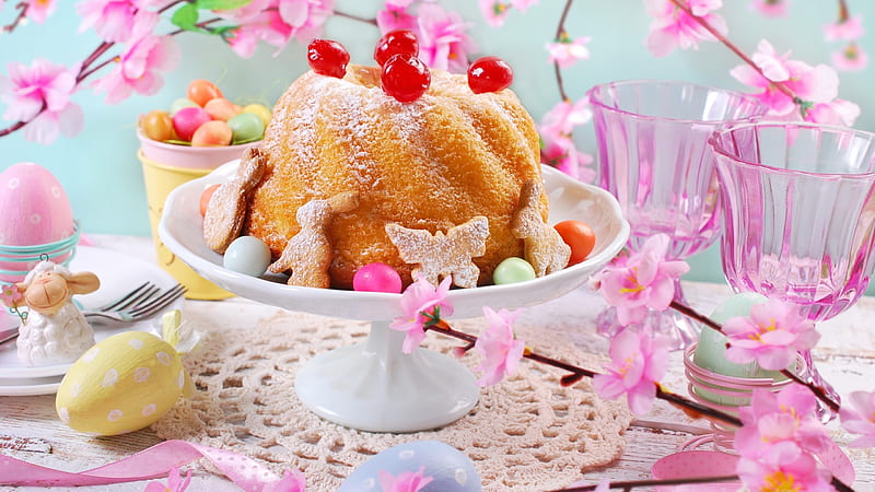 Easter cake, cake, deco, food, flower, easter, spring, pink, dessert, egg, HD wallpaper