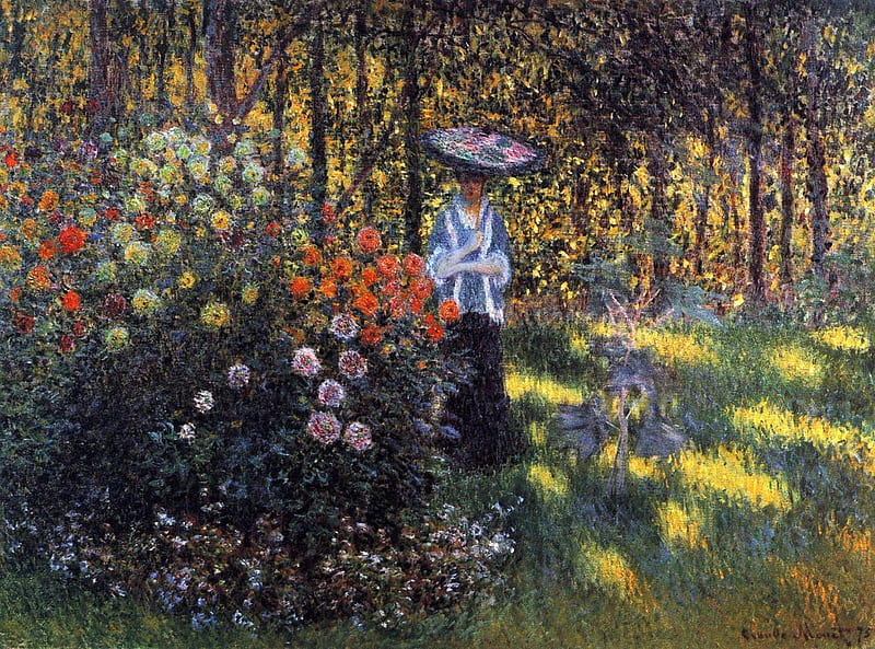 Woman with a Parasol in the Garden in Argenteuil, claude monet, art, girl, flower, painting, garden, pictura, woman, parasol, HD wallpaper
