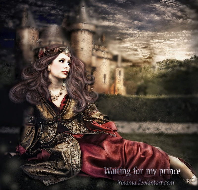Waiting for my Prince, red, prince, fantasy, lady, HD wallpaper