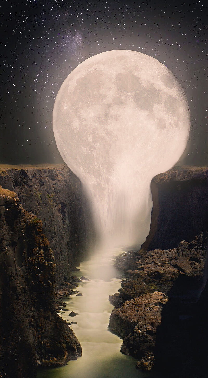 Moon, waterfall, fantasy art, vertical, surreal, HD phone wallpaper