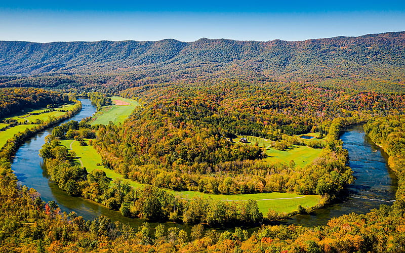 South Fork Shenandoah River, Virginia, hills, usa, trees, landscape, sky, HD wallpaper