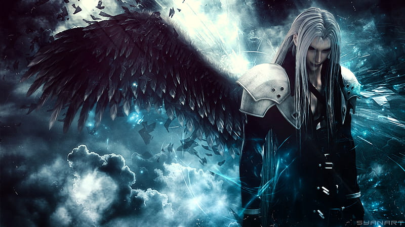Sephiroth, wings, luminos, game, black, man, feather, final fantasy, white, blue, HD wallpaper