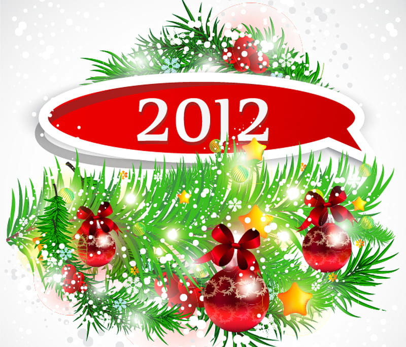 2012, red, pretty, colorful, bonito, magic, bow, ball, green, beauty, stars, lovely, holiday, ribbon, colors, new year, happy new year, winter, balls, january 1, HD wallpaper