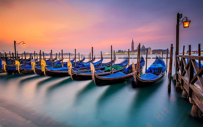 Venice, evening, Doges Palace, sunset, boats, landmark, Venice cityscape, Italy, HD wallpaper