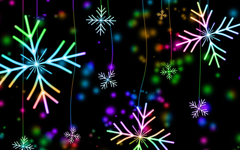 neon snowflakes black background, snowflakes patterns, abstract art, snowflakes, HD wallpaper