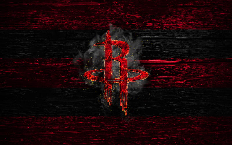 Houston Rockets, fire logo, NBA, red and black lines, american basketball club, grunge, basketball, logo, Western Conference, wooden texture, USA, HD wallpaper