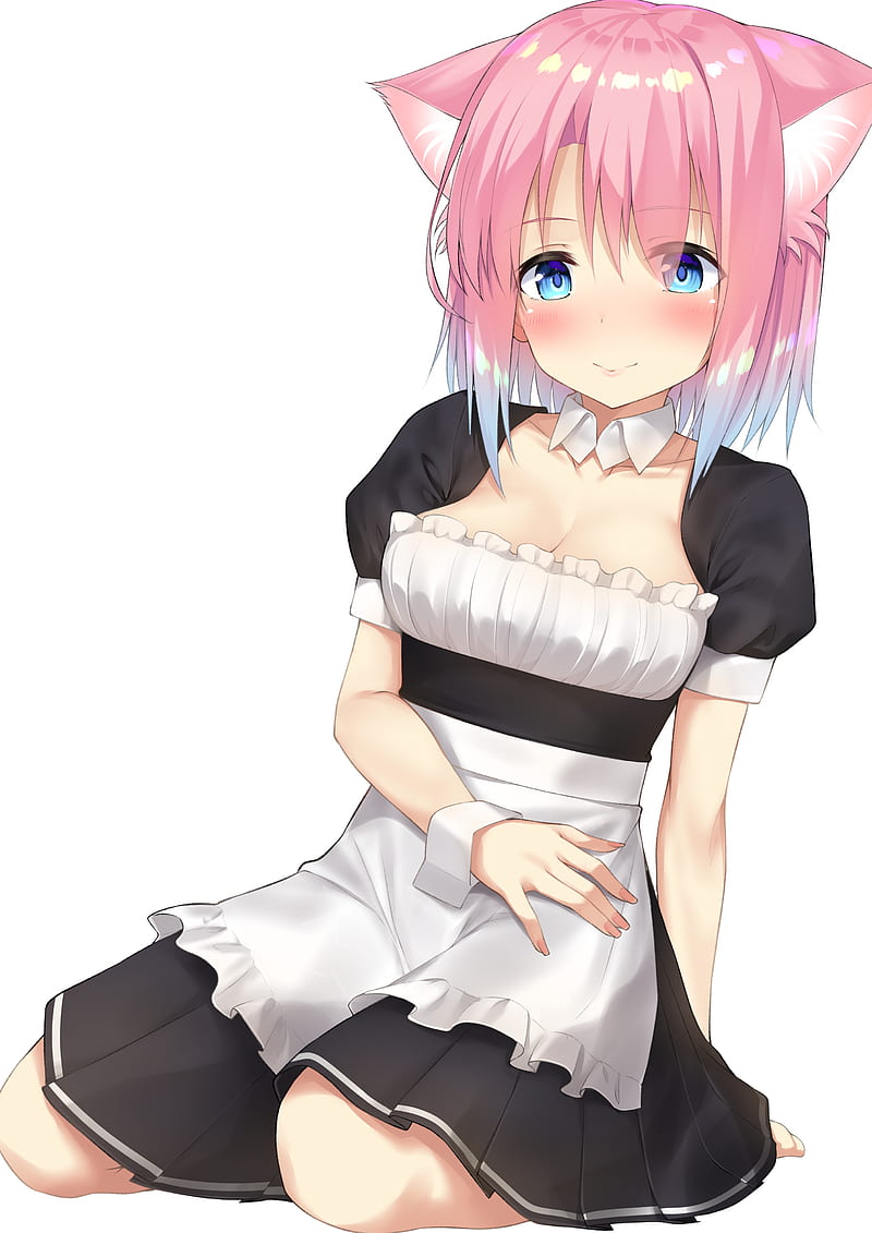 white background, animal ears, cleavage, maid, blushing, HD phone wallpaper
