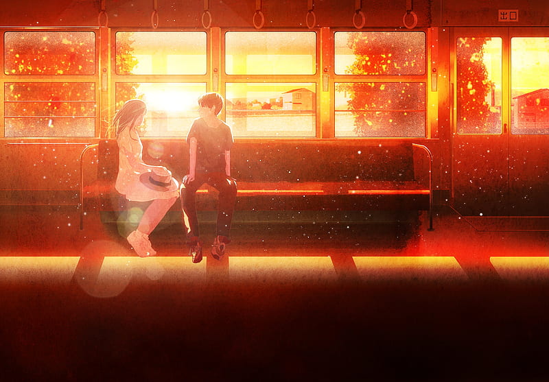 Pareja anime, romance, puesta de sol, viaje en tren, escénico, sombra,  relajante, Fondo de pantalla HD | Peakpx