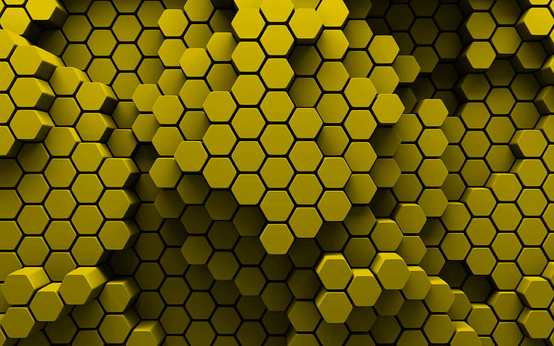 yellow hexagons 3D art, creative, honeycomb, hexagons patterns, yellow hexagons background, hexagons textures, yellow backgrounds, hexagons texture, HD wallpaper