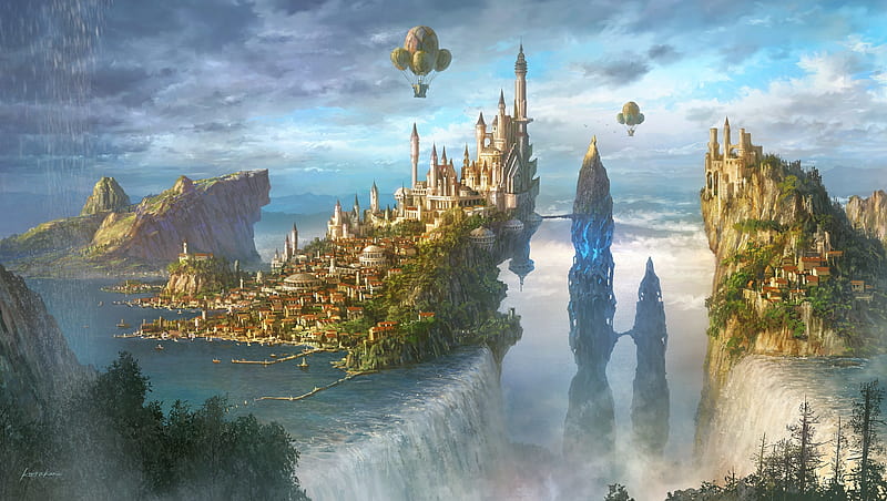 Fantasy castle, kou takano, world, art, fantasy, hot air balloon, luminos, castle, blue, HD wallpaper