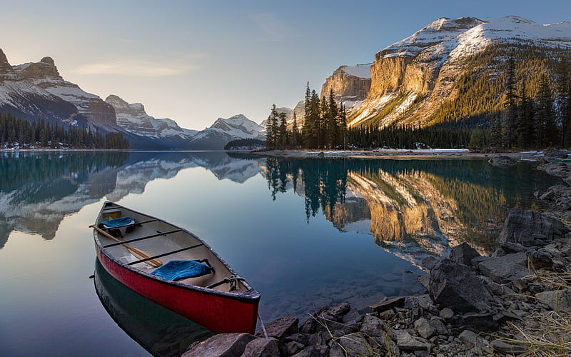Lake in Alberta, Canada, rowboat, Canada, mountains, lake, HD wallpaper
