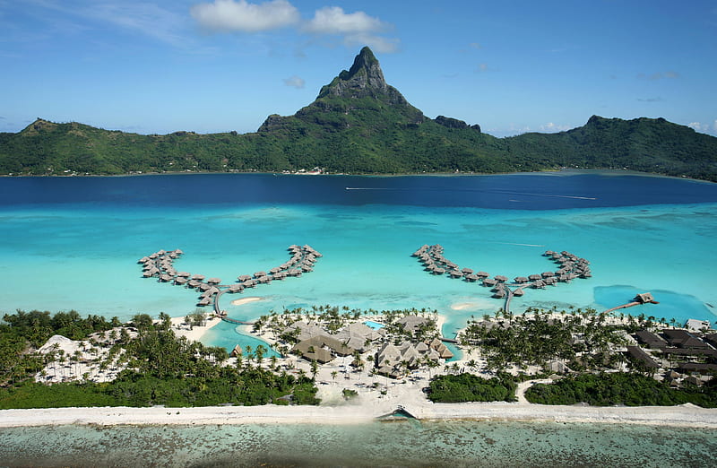 Intercontinental Hotel Bora Bora South Polynesia, resort, retreat, volcano, sea, atoll, beach, lagoon, bora bora, sand, south polynesia, australasia, south pacific, hotel, exotic, holiday, ocean, thalasso, paradise, spa, tropical, Island, HD wallpaper