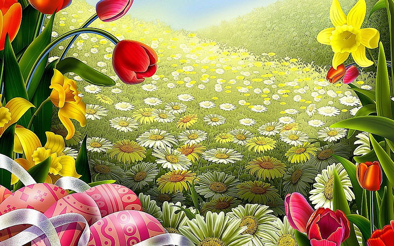 Springtime, daisies, blossoms, tulips, Flowers, eastereggs, artwork, HD wallpaper