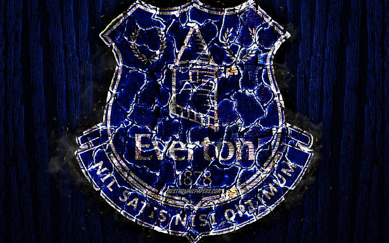 Everton FC, scorched logo, Premier League, blue wooden background, english football club, grunge, Everton, football, soccer, Everton logo, fire texture, England, HD wallpaper