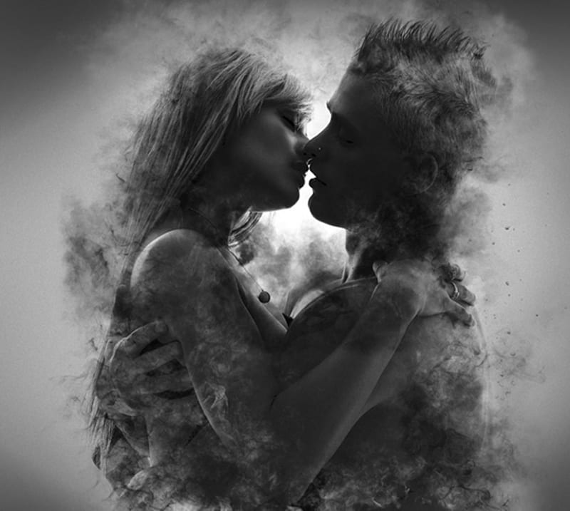 kiss, smoke, couple, love, feelings, HD wallpaper