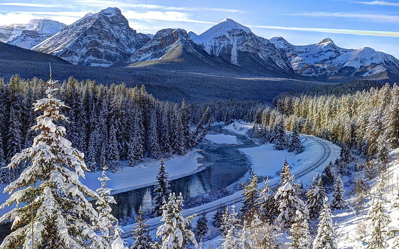 mountains, albert, railroad, winter, bow river, canada, HD wallpaper